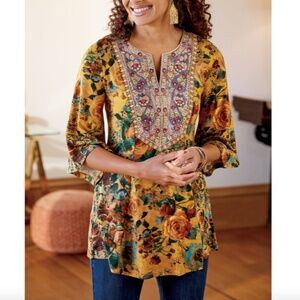 NWT Soft Surroundings Fall Tunic Size PM 10 12 Embroidered Gold Miranda Mixte